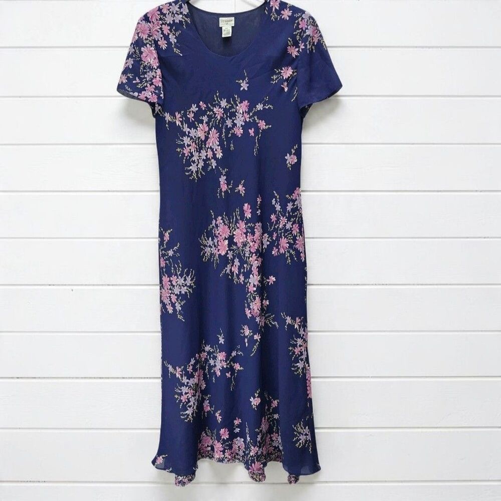 Vintage Liz Baker Chiffon Maxi Dress Womens 20T Blue Floral Whimsigoth Prairie